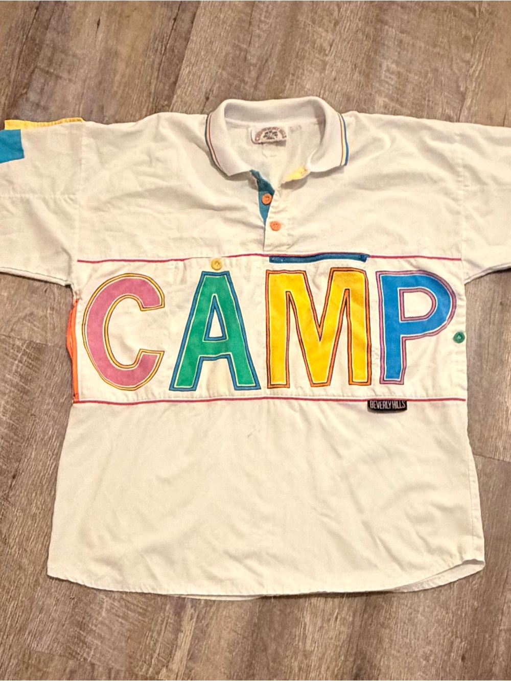 Vintage Camp Beverly Hills Shirt Large Spellout Colorblock 80s Pullover
